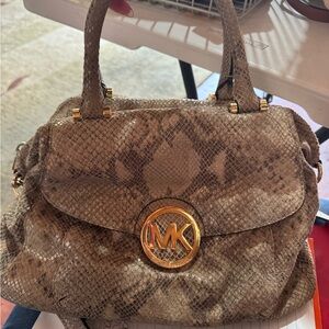 Michael Kors Tan Snake Print Satchel with Gold Accents